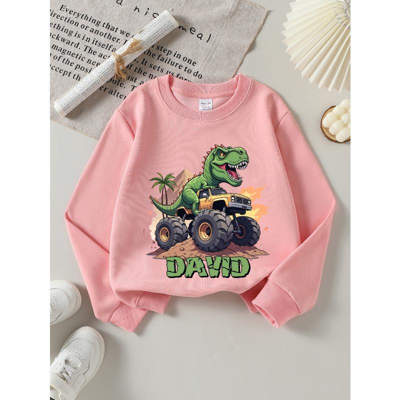 David'S Dinosaur Monster Truck Adventure Sweatshirt for Girls Features A Crew Neck Design, Perfect for Autumn and Winter.