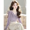 High-end Velvet Collar Shirt for Women with Solid Color Long Sleeve Unique and Beautiful Tops