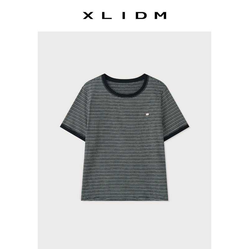 

Xiaoli Plus Size Women s Stretch Pure Cotton Comfortable Contrast Color Pinstripe Slim Looking T-shirt Summer round Neck Shoulder Short Sleeve Baroque Black (in Stock) 2XL