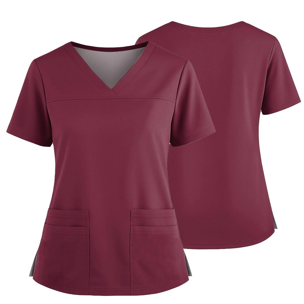 Women's Uniform Color V-Neck Pocket Side Slit Uniform Short Sleeved Top Top