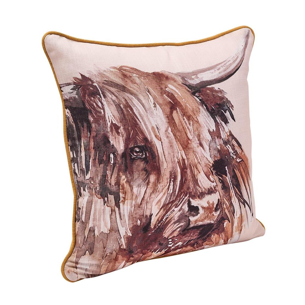 Meg Hawkins Square Cushion with Wooden Buttons - Highland Cow