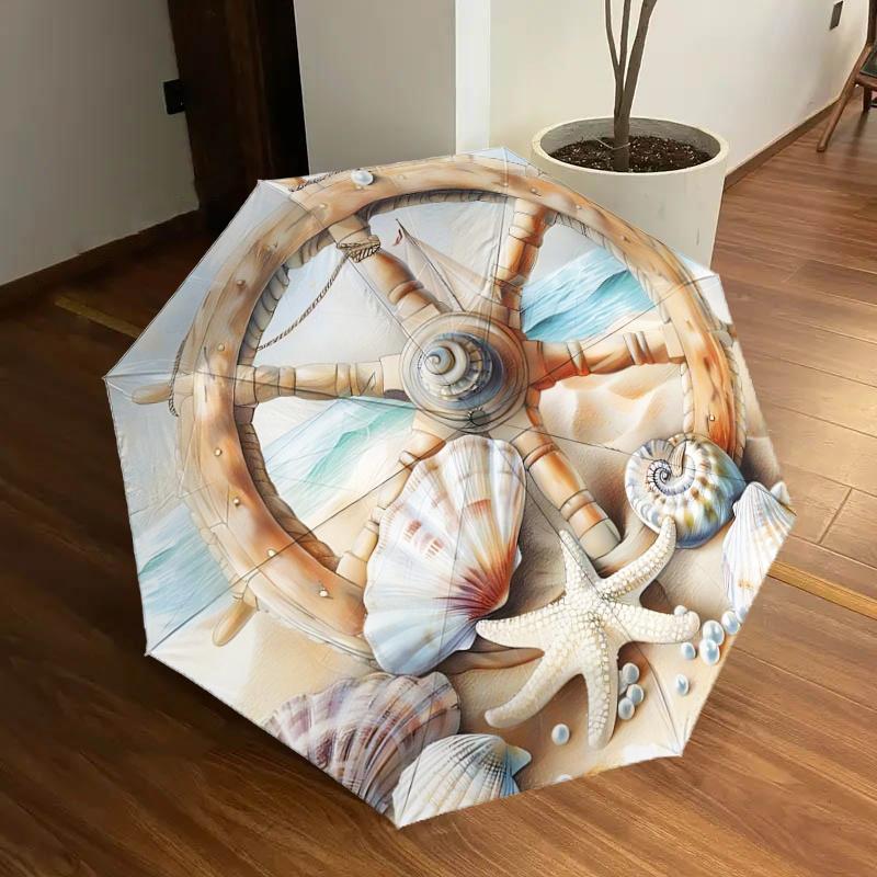 Nautical Wheel with Seashells and Starfish Umbrella- Perfect for Outdoor Use, Festive Gifts, and Daily Adventures!1125143a
