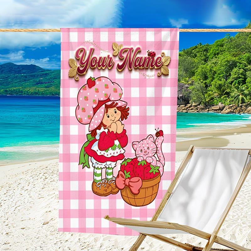 1pc Princess Strawberry Beach Towel with Custom Name, Beach and Seaside Swimming Pool Equipment, Fashion Pattern, Rectangular, Travel Essential