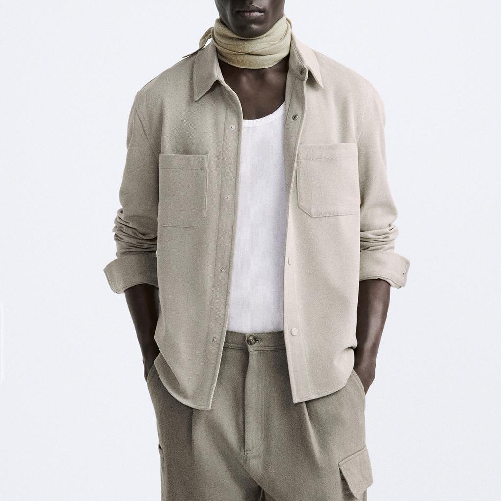 Zara Comfortable Casual Solid Color Pocket Detail Long Sleeve Shirt Men shirts Gray 7484478-706