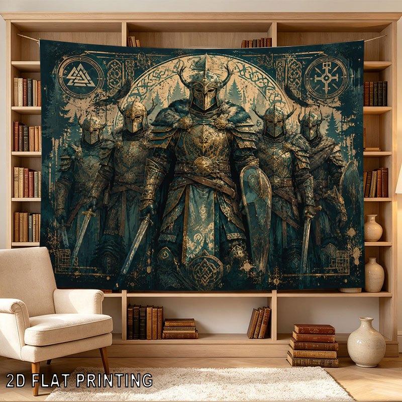 2D Flat, 1pc 2D Flat Tapestry Norse Viking Warriors in Armor Stand in a Mystical Forest, Ornate Decorative Tapestry with Celtic and Norse Symbols, Per