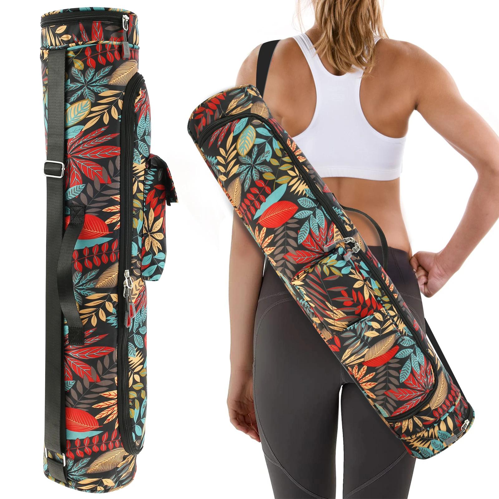Portable 72cm Yoga Mat Bag with Adjustable Shoulder Strap and Storage Pocket Women Sports Gym Mat Bag Print Backpack Carrier Bag