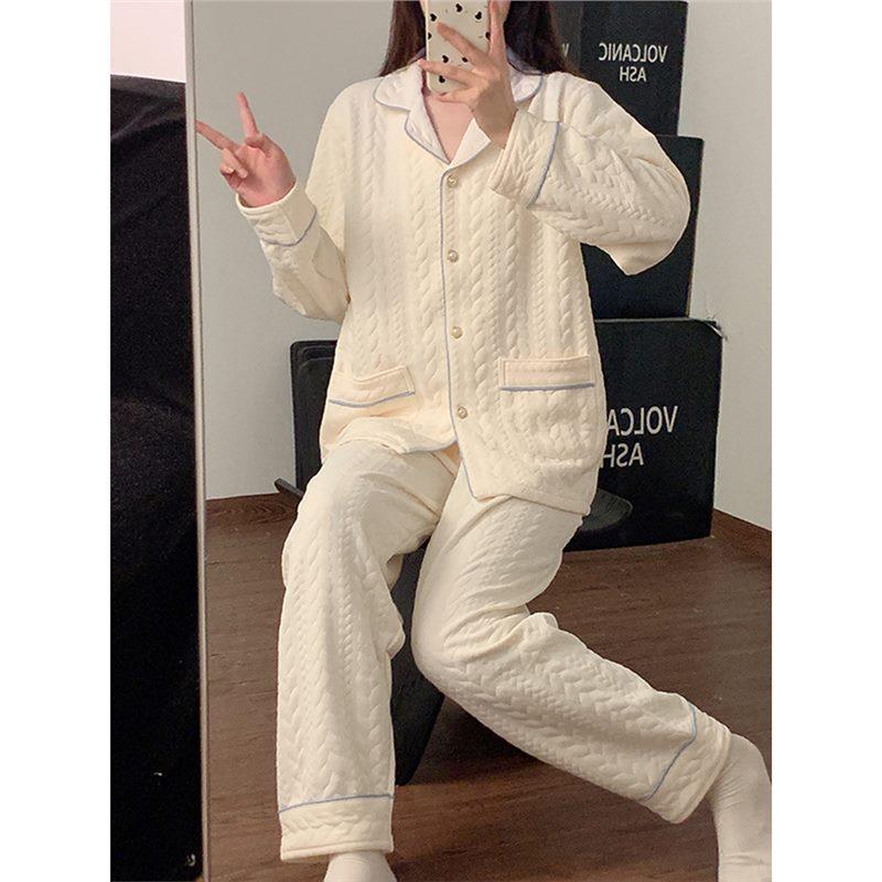 Women's Fall/Winter Thick Cotton Pajama Set - Long Sleeve & Pants