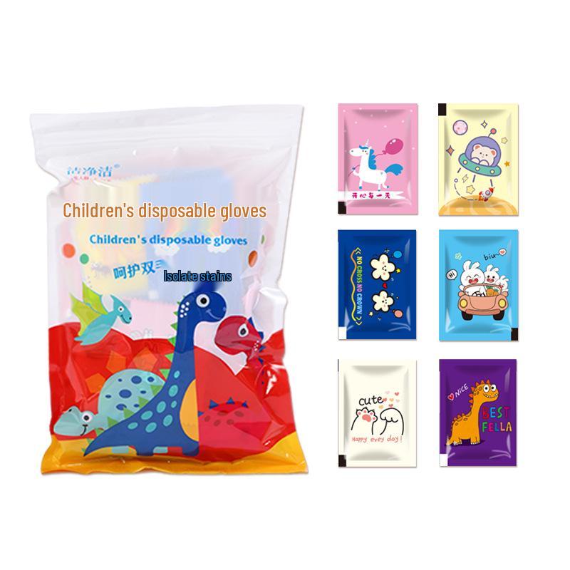 Guanti usa e getta per bambini, di qualità alimentare, con disegni animati - Guanti in PE confezionati singolarmente per disegnare e altro.