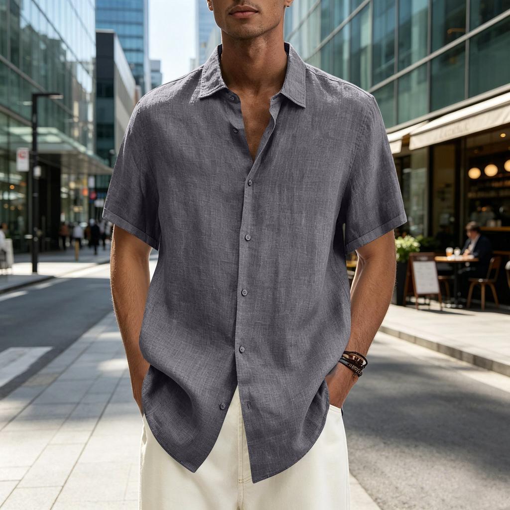 Men's Short Sleeve Button Down Shirt Lightweight Linen Blend Casual Loose Fit Summer Top with V Neck Collar