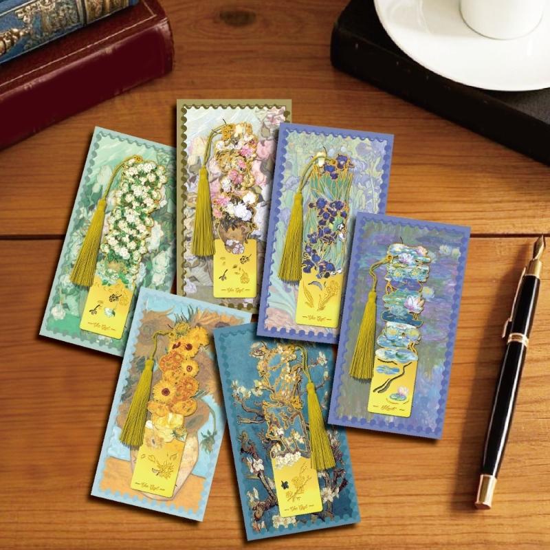 Oil Painting Metal Bookmarks with Tassels Book Page Marker Hollowed Flower Engraved Bookmarks Gifting for Book Lover