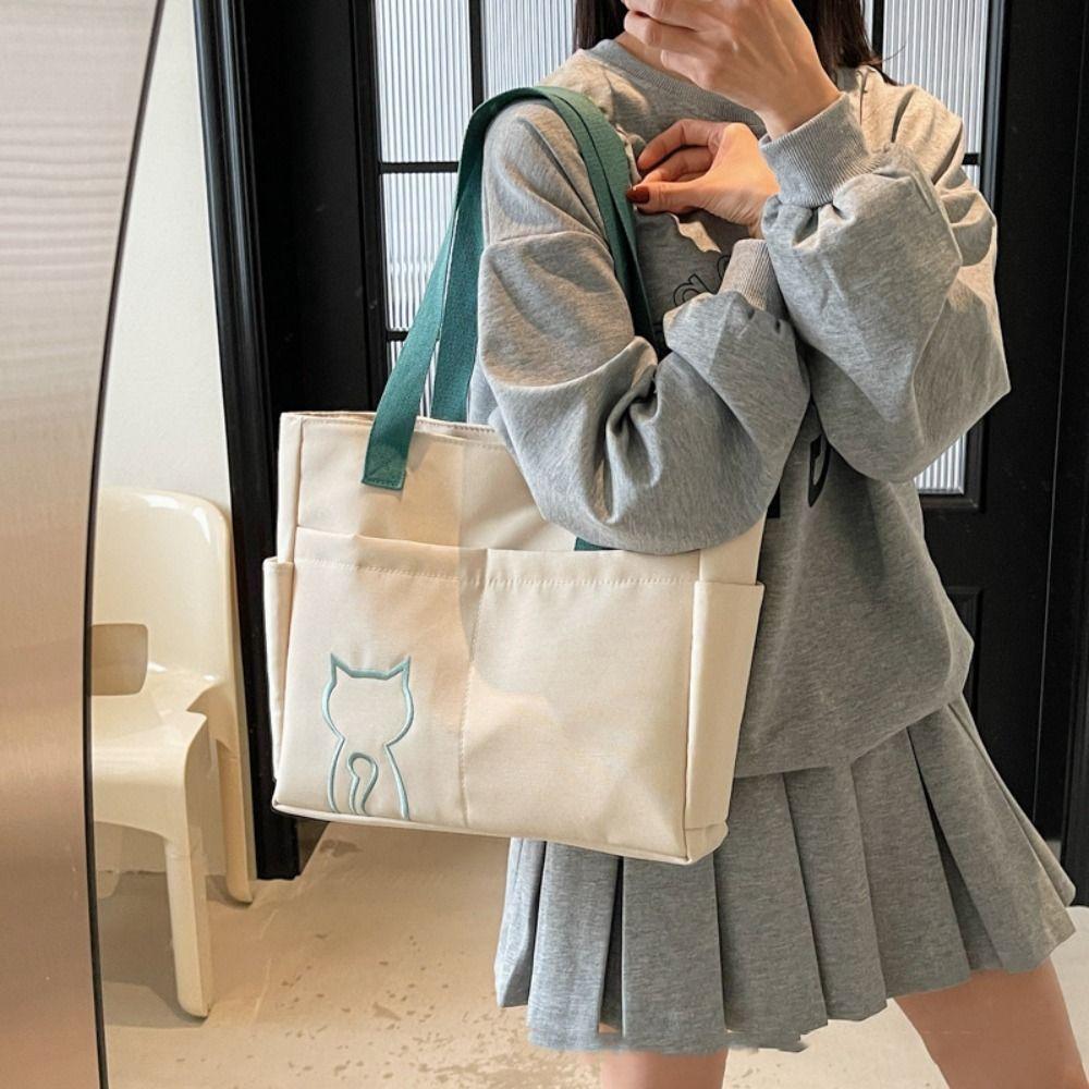 Multi-Pocket Nylon Tote Bag Embroidery Cat Nylon Shoulder Bag Lightweight Eco Bag Outdoor