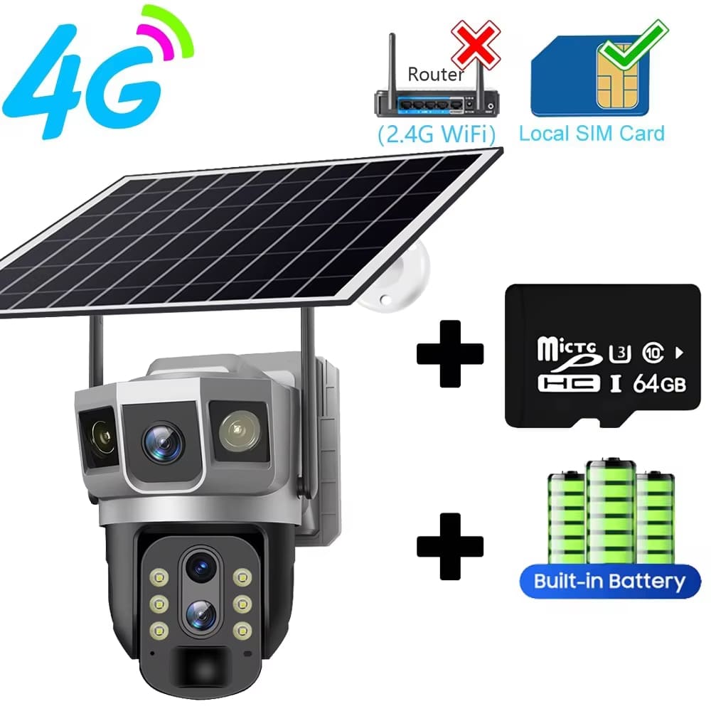 Caméra solaire 12MP 3 objectifs 4G Carte SIM Réseau Zoom 10X Protection de sécurité pour maison intelligente Vision nocturne 6K Caméras de surveillance vidéo IP CCTV