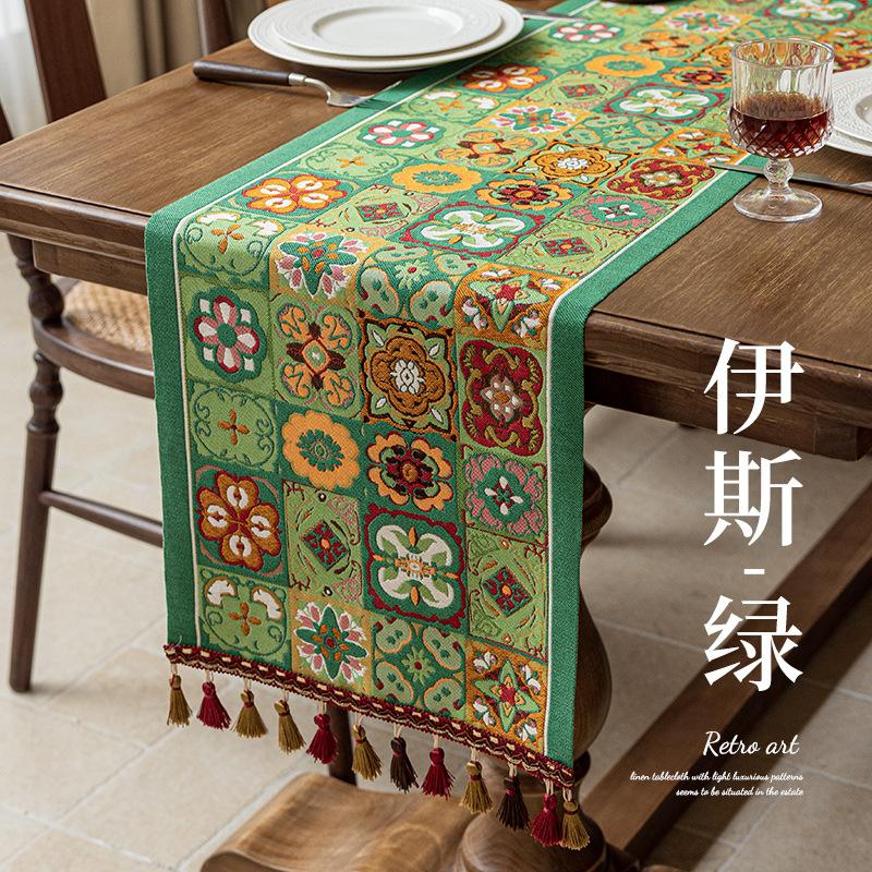 

Bohemian Picnic Blanket, American Country Style Table Runner, Green Decorative Striped Cloth for Home & Outdoor Dining 35 X 120cm