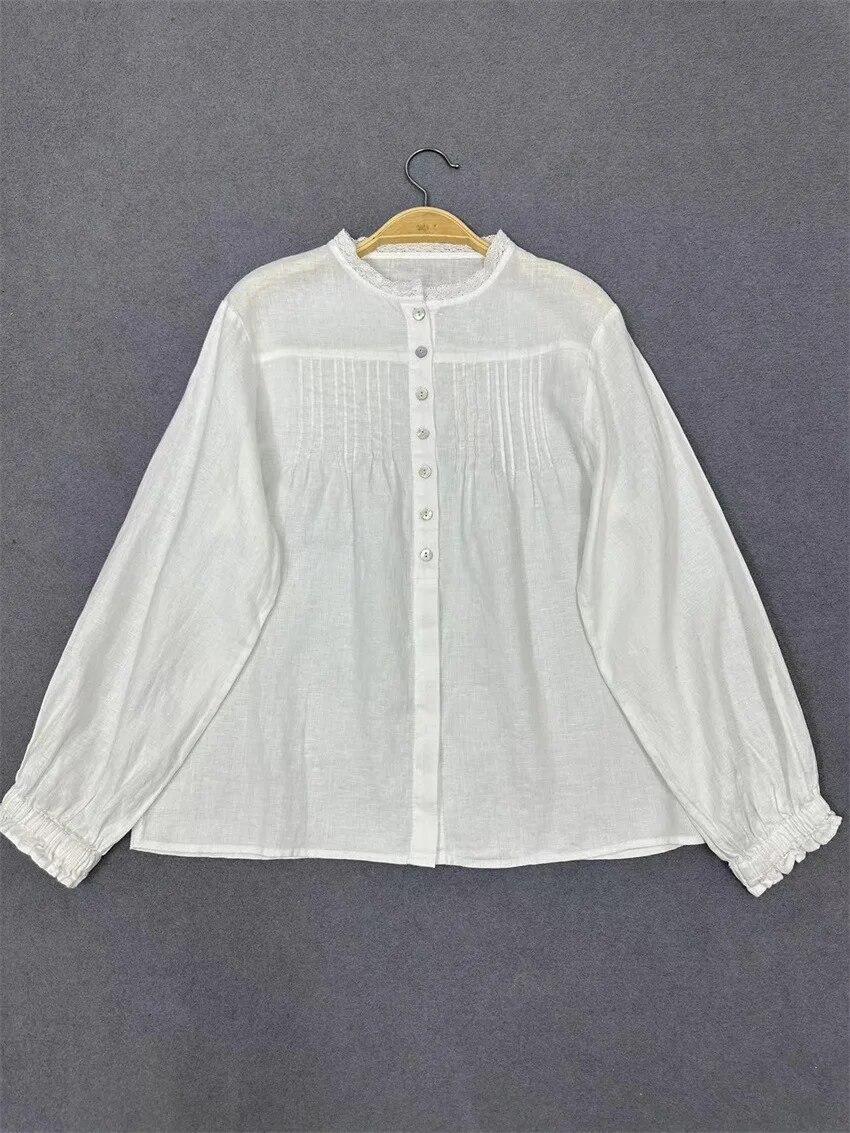 

Johnature льняные однотонные женские топы с оборками, весенние винтажные повседневные плиссированные свободные универсальные женские рубашки One Size белый