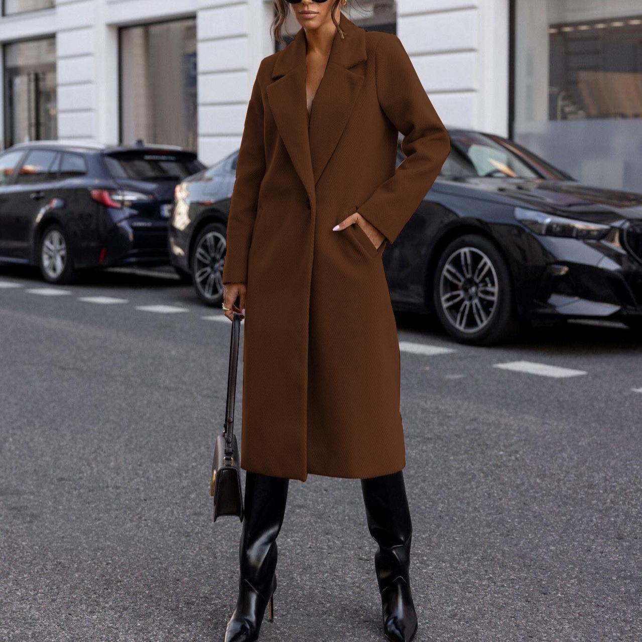 

YYFS Женская мода повседневная осень-зима однотонный принт длинный рукав воротник поло пальто женские XXL темно-коричневого