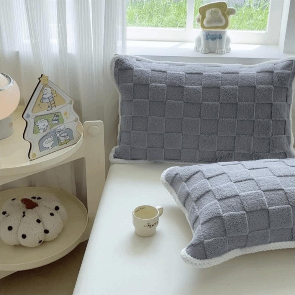 2 pieces Plush Pillow Cover Elastic Strap Pillow Towel Grid Jacquard Pillowcases  Dormitory