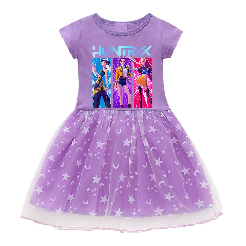 

Kids Girls K-Pop Demon Hunters Cartoon Print Dress Summer Short Sleeve T-Shirt Star Moon Tulle Princess Dress Children Casual Party Clothing 120 фіолетовий