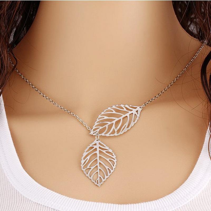 Nová Módní Dvojité Listy Dámský Boho Jednoduchý Slitina Klíční Kost Náhrdelník Listové Přívěsky Náhrdelníky Collares Doplňky Šperky Dárek