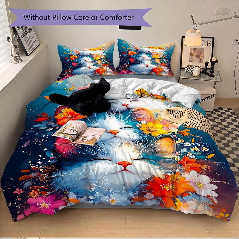 3pcs Two Cats Surrounded by Colorful Flowers Bedding Set - Includes Quilt Cover and Pillowcases, Suitable for All Seasons, Machine Washable