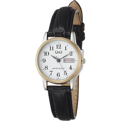 Citizen Q&Q Analog Waterproof Watch with Date and Day Leather Strap A207-504 for Women White