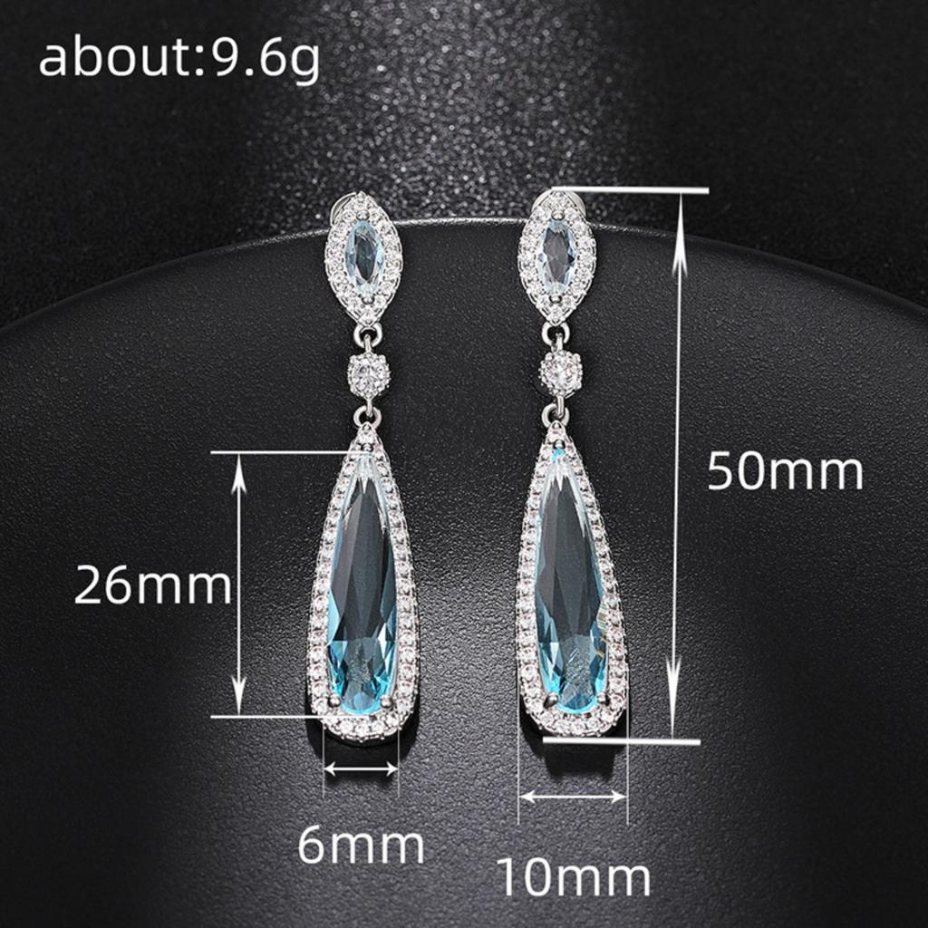 Luxury Blue Teardrop Cubic Zirconia Drop Earrings Silver Plated Long Dangle Earrings for Women Bridal Wedding Party