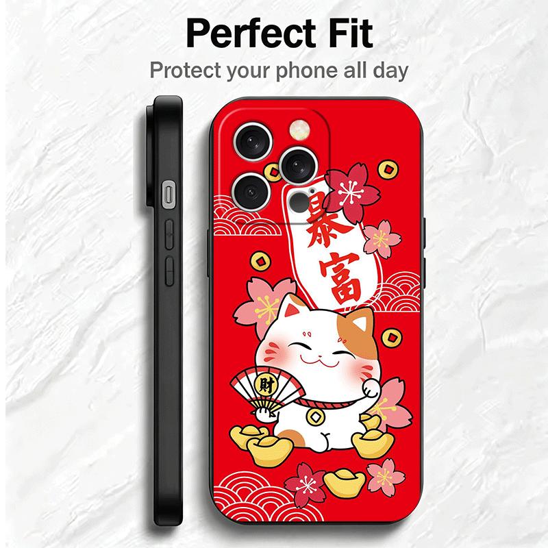 Lucky Cat Maneki Neko Japanese Soft Phone Case for iPhone 16 16E 17 Air 15 Pro Max 14 Plus 13 Mini 11 12 7 Black Cover Back Shel