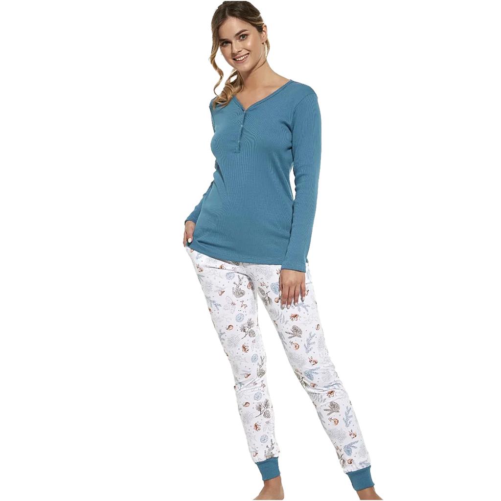 Cornette Piżama Damska Długi Rękaw Spodnie Niebieska Bawełna Rozmiar
