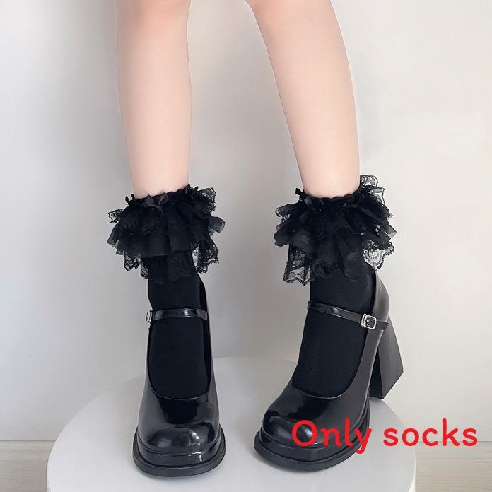 Lolita Cotton Socks With Lace Ruffle Bow For Girls Spring Casual Wear