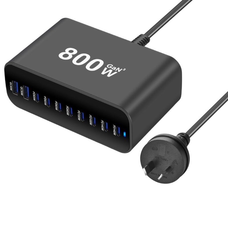Intelligent Power Distribution 800W Charging Adapter 10 Port Design Metal Texture Suitable for Laptops and Phones