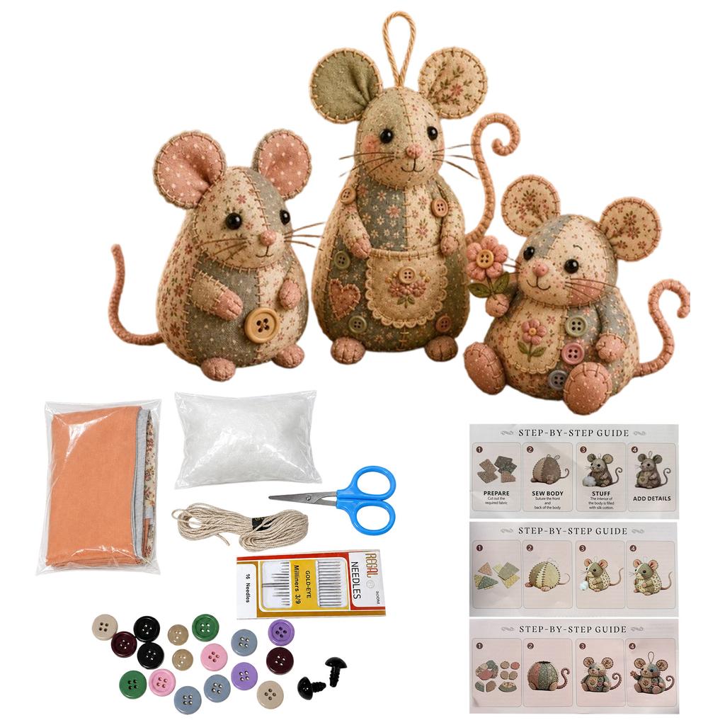 3 Piece Patchwork Mouse DIY Sewing Kit for Handmade Decorative Fabric Craft Projects Home Decor and Gift Making