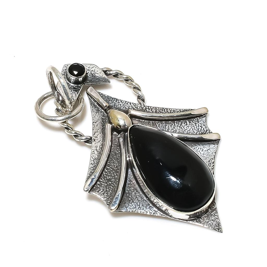 Natural Black Onyx Gemstone Silver Pendant in 925 Sterling Silver- Handmade Design, Everyday Wear Jewelry, Unique Black Spinal Pendant Gifts