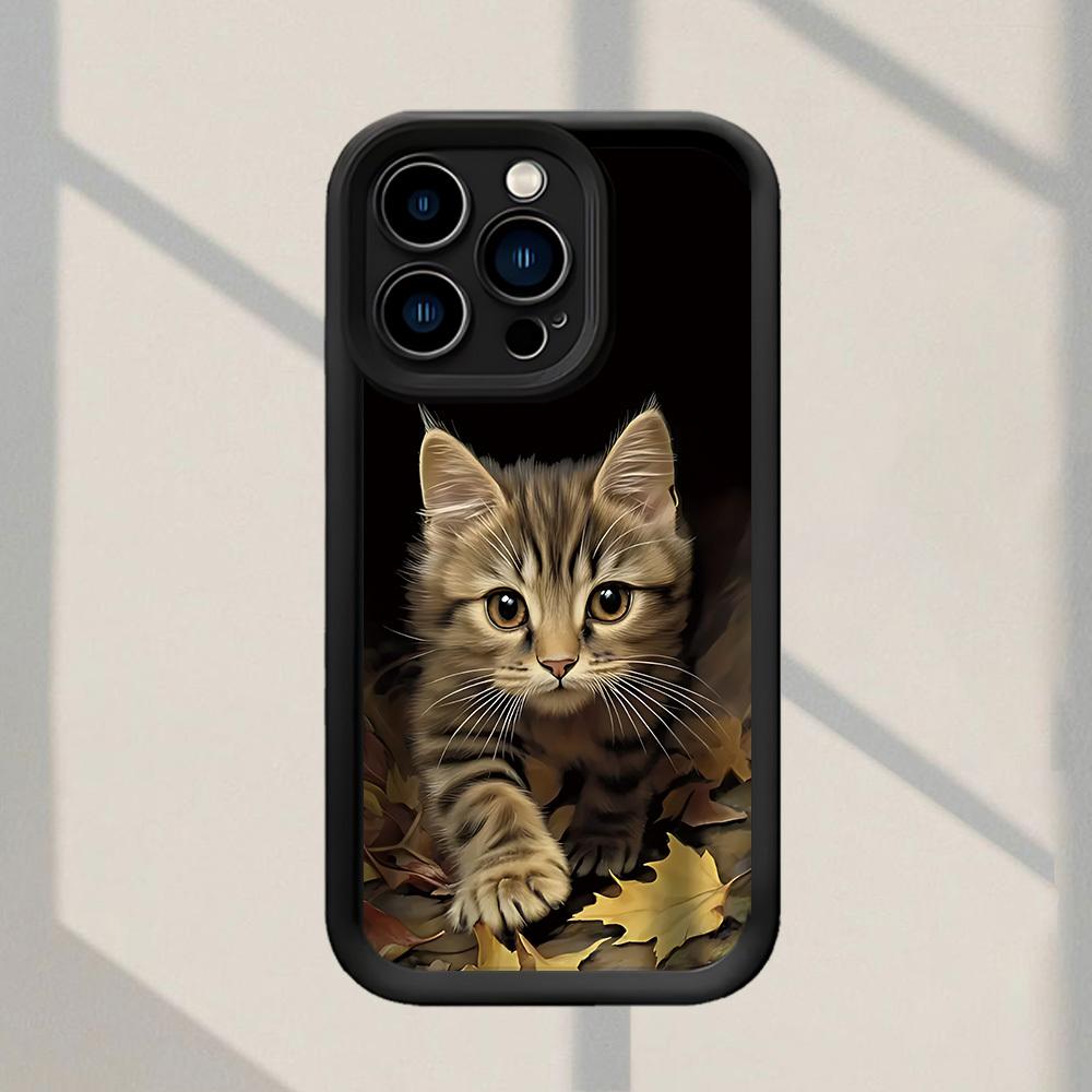 Autumn Leaf Cute Tiger Spotted Cat Phone Case Suitable for iPhone 17 16 15 14 13 12 11 Pro/Max/Plus Anti Drop and Anti Shock