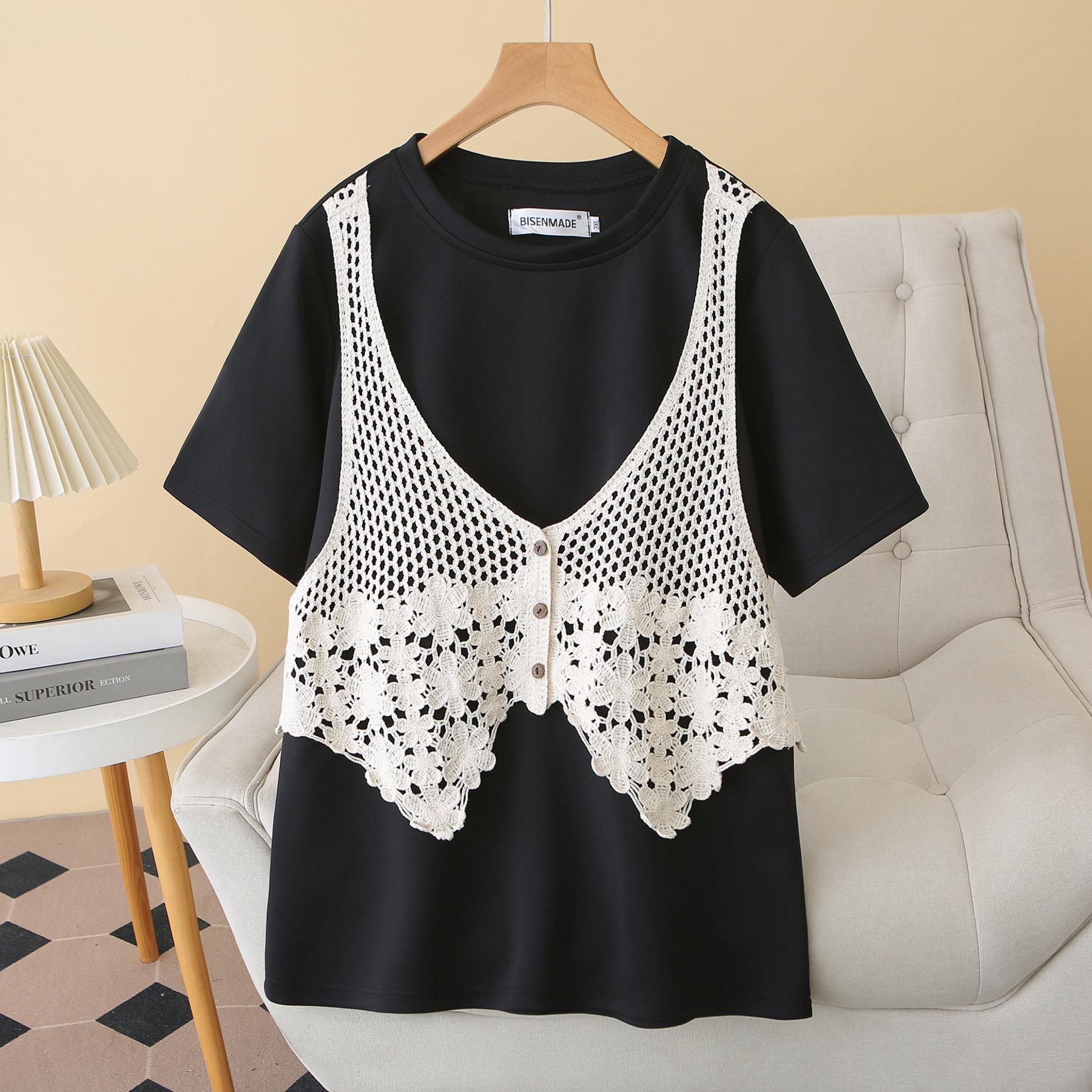 

2026 Plus Size Crochet Layered T-Shirt: Short Sleeve, Modal Air Top for Summer 5XL чёрный