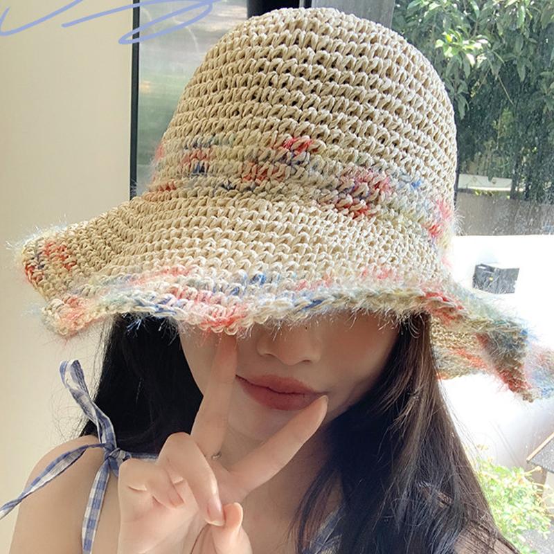Summer Colorful Woven Straw Hat For Seaside Vacation Breathable Hollow Out Large Brim Uv Resistant Sun Hat