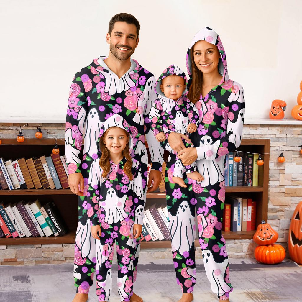 Halloween Printed Family Matching Hooded Long Sleeved Zippered Hooded Jumpsuit Set