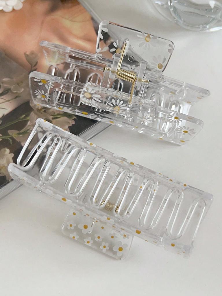2 Pcs Clear Floral Prints Hair Claw Clips for Women,3.4 Inch Big Hair Pins for Thin Thick Hair,Banana Clips,Strong Hold Jaw Clip