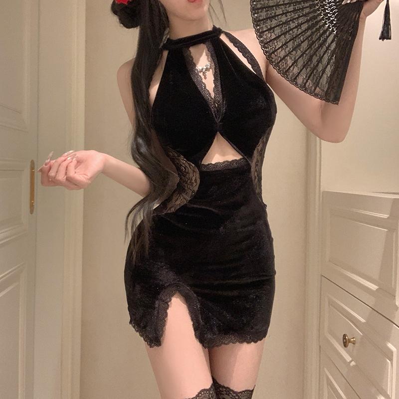 Purple Lingerie Sexy Cheongsam Velvet Lace Paneled Nightclub Costume Temptation Nightgown Set