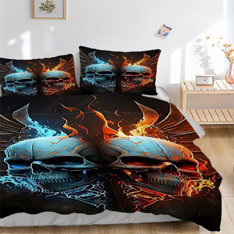 3pcs Anime Skulls Flames Wings Comforter Set with One Quilt Cover and Two Pillowcases (No Core) - Home Decor, Festival Gift, Polyester Fabric, Bedroom