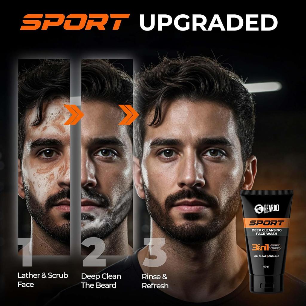 Beardo Sports Face Wash for Men 100g Pack | Oil Control, Menthol Cooling Cleanser for Oily Skin