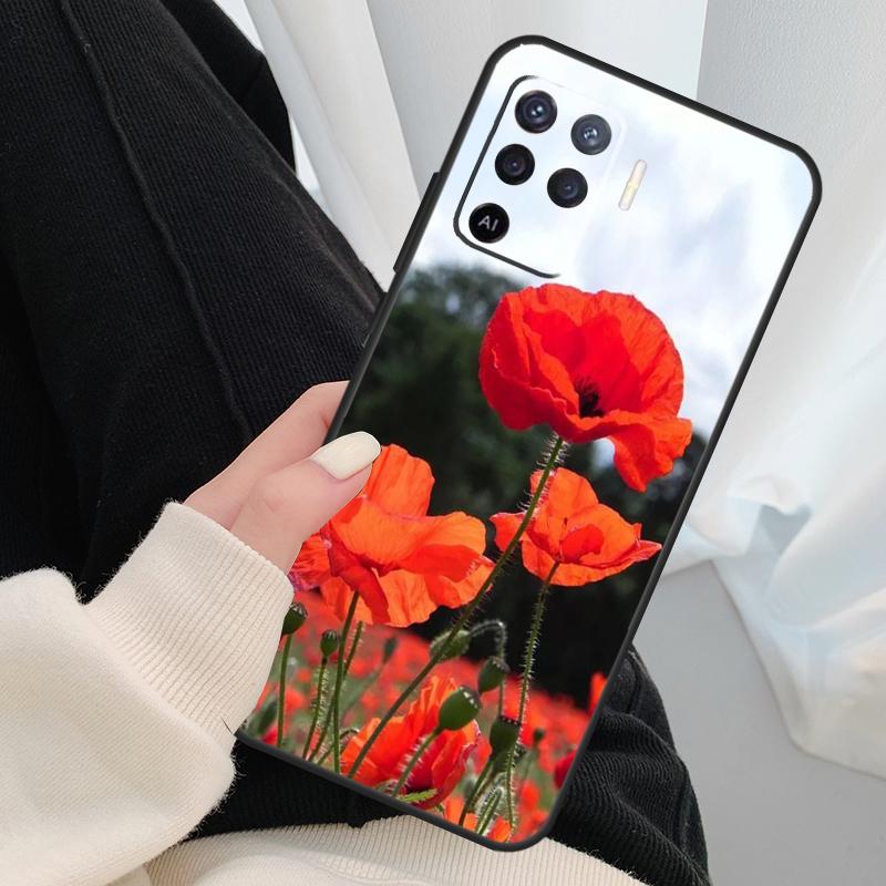 Red Corn Poppy Flower Case For Oppo A18 A38 A58 A78 A98 A80 A60 A40 A96 A76 A16 A94 A74 A54 A15 A17 A57 A77 A5 Pro
