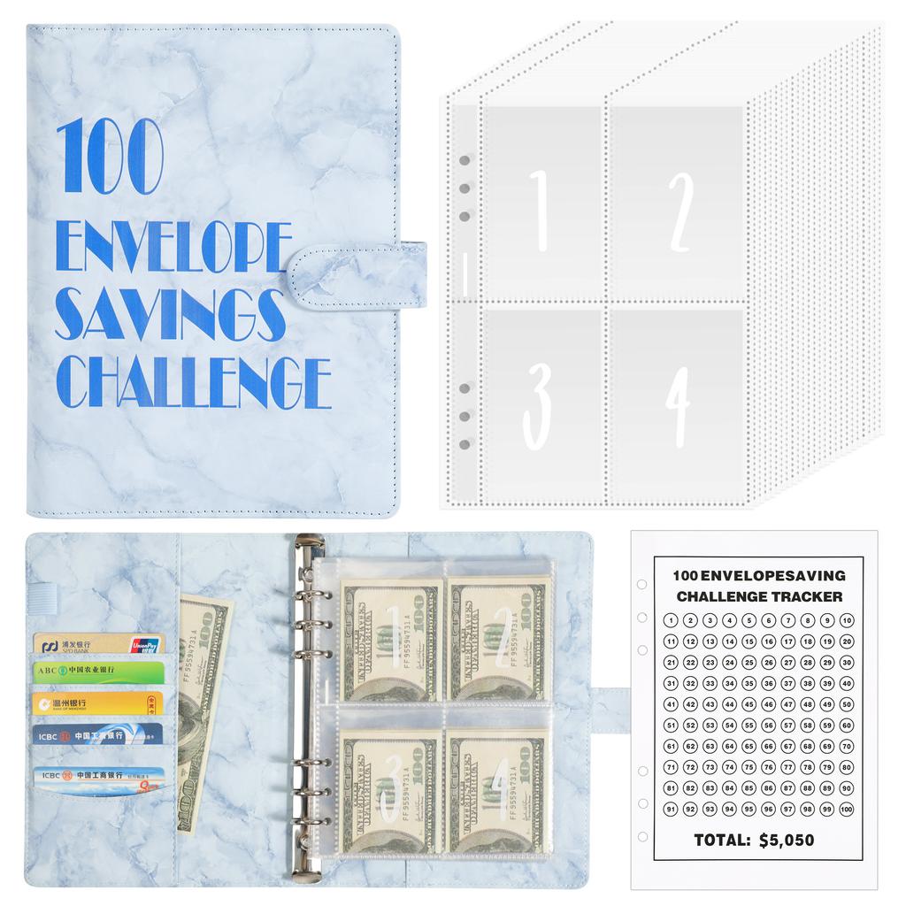100 Envelope Money Savings Challenge Binder Set A5 PU Leather Students Notebook Marble Budget Binder with Cash Pockets
