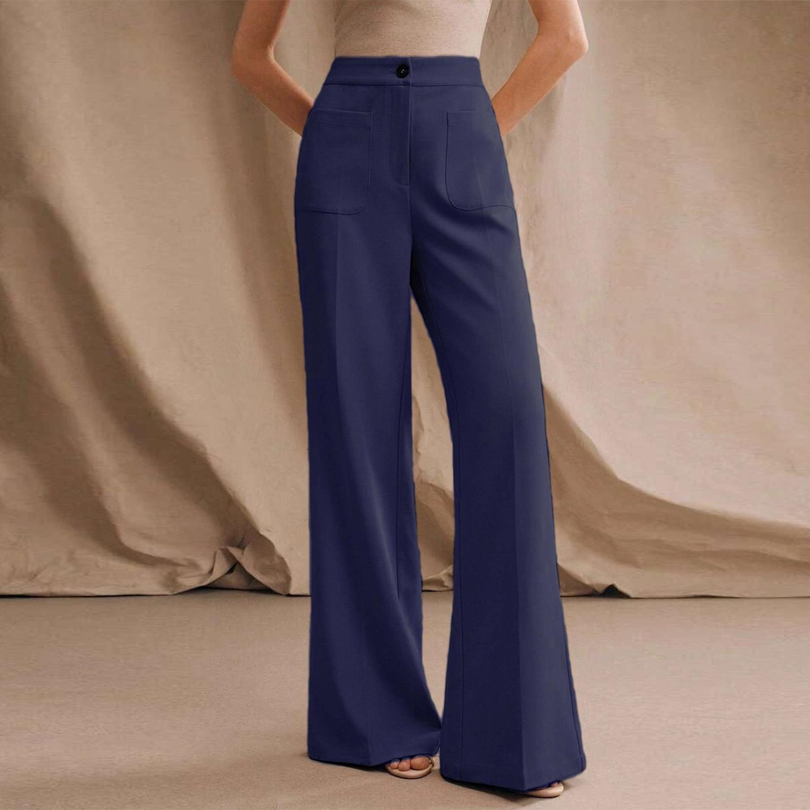 

Women High Waist Wide Leg Trousers with Front Pockets Button Closure and Straight Fit for Office Work Casual Daily Wear L тёмно-синий