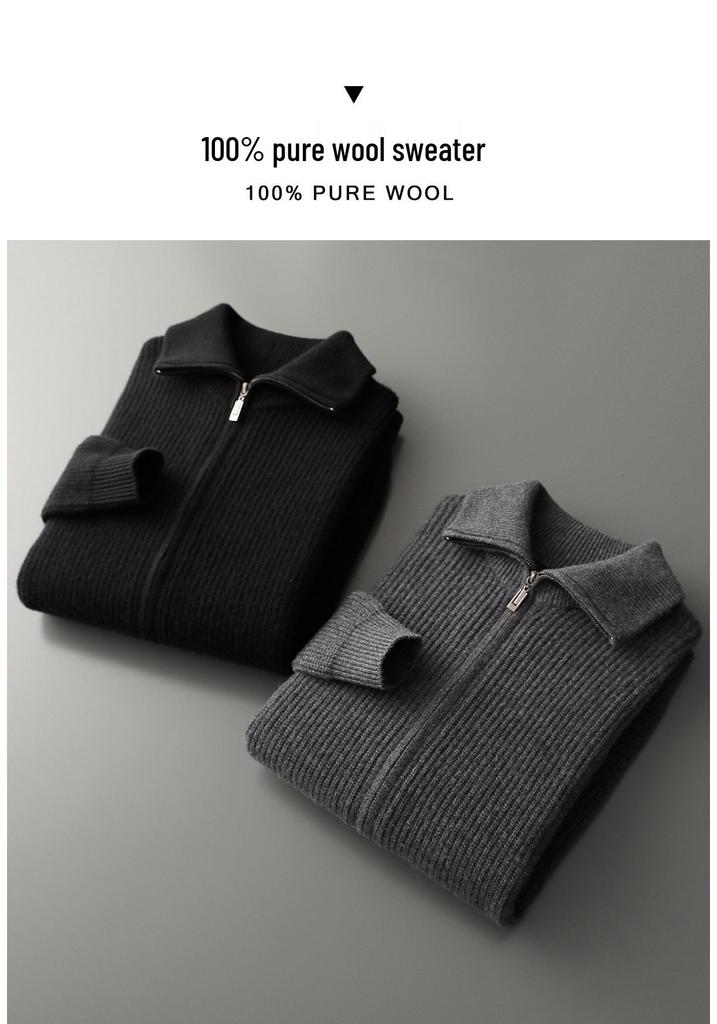 Men's Pure Wool Zipper Cardigan - Autumn/Winter, Thickened Knitwear with Shirt Collar