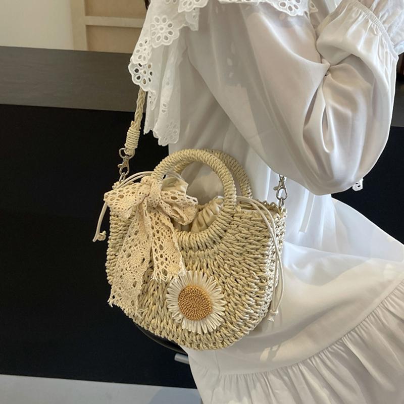 Yogodlns Women Straw Summer Beach Small Drawstring Shoulder Bag Fashion Woven Floral Decor Travel Half-moon Crossbody Bag