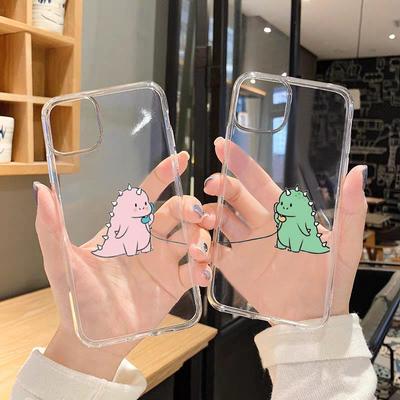 Cute Green Pink Dinosaur Couple Clear Phone Case For iPhone 13 12 11 Pro MAX XS XR X SE20 7 8 6Plus Soft Silicone Cover Fundas