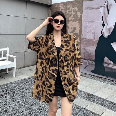 Summer Ladies Premium Retro Fashion Leopard Print Loose Short Sleeve Shirt Casual Blazer Coat Outerwear