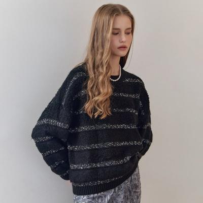 Sequin Stripe Loose Fit Boucle Knit Ze11qk015na