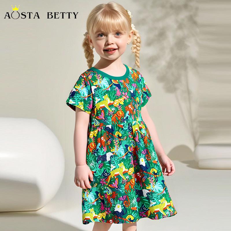 Summer Girls' Knitted Cotton Princess Dress - European & American Style, Short Sleeve, Cute Design