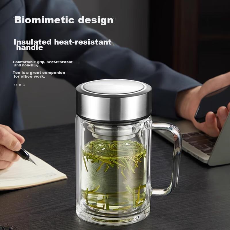 GIANXI Glass Cup, Double-Layer High Borosilicate, Summer Cup with Handle, Heat-Resistant Tea Cup, Water Mug, Gift