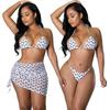 2022 Sexy 3 Piece Bikinis Suit Halter Moon Mesh Swimwear Women Beachwear Wave Point Swimsuit Female Beach Skirt Black Bikini Set